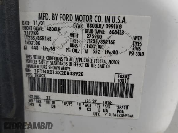 ✅ 2002 Ford F-250 XL • VIN: 1FTNX21SX2EB43928 • Lot: 88308645. Wystawiony na Copart z przebiegiem 218 584 mil. Bezpłatny archiwum sprzedaży aukcyjnych z USA i szczegółowy raport historii pojazdu na DreamBid. Zdjęcie 12.