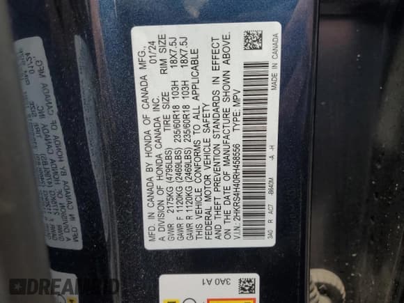 ✅ 2024 Honda CR-V EX • VIN: 2HKRS4H40RH458556 • Lot: 82709675. Listed on Copart with 15,149 mi. Free auction sales archive from the USA and detailed vehicle history report at DreamBid. Image 13.