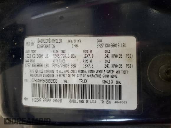 ✅ 2004 Dodge Dakota SLT • VIN: 1D7HG48N94S636938 • Лот: 81295284. Размещён на Copart с пробегом 131 963 миль миль. Получите бесплатный доступ к архиву аукционных продаж из США и посмотрите подробный отчёт об истории автомобиля на DreamBid. Изображение 12.