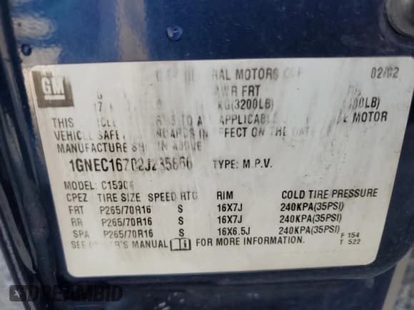 ✅ 2002 Chevrolet Suburban LT • VIN: 1GNEC16Z02J235866 • Лот: 60727825. Опубликован ранее на Copart с пробегом Не указан. Бесплатный доступ к архиву аукционных продаж из США и подробный отчёт об истории автомобиля на DreamBid. Изображение 14.