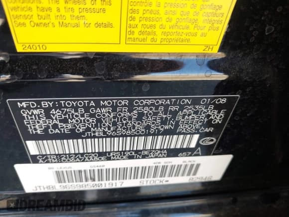 ✅ 2008 Lexus GS 460 • VIN: JTHBL96S985001917 • Lot: 43133492. Listed on IAAI with 143,667 mi. Free auction sales archive from the USA and detailed vehicle history report at DreamBid. Image 9.