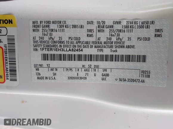 ✅ 2020 Ford Ranger XL • VIN: 1FTER1EH3LLA82454 • Lot: 42736856. Listed on IAAI with 39,200 mi. Free auction sales archive from the USA and detailed vehicle history report at DreamBid. Image 9.