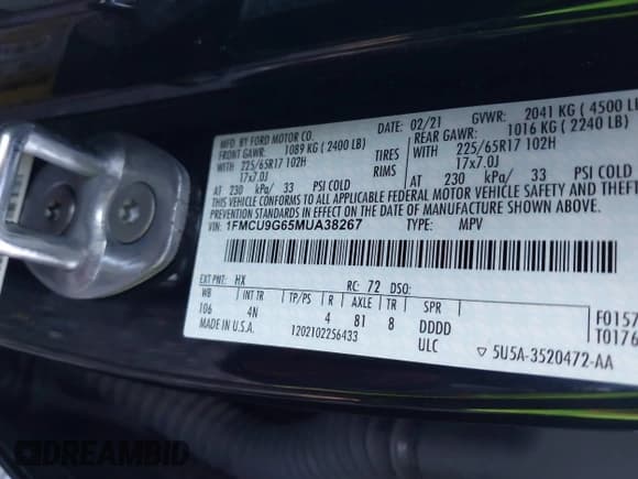 ✅ 2021 Ford Escape SE • VIN: 1FMCU9G65MUA38267 • Lot: 43658433. Listed on IAAI with 77,641 mi. Free auction sales archive from the USA and detailed vehicle history report at DreamBid. Image 9.