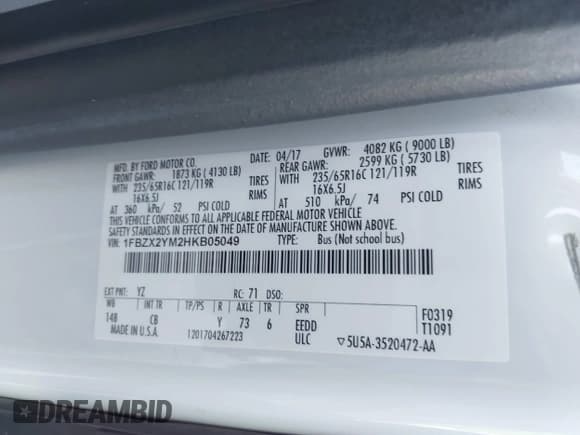 ✅ 2017 Ford Transit XL • VIN: 1FBZX2YM2HKB05049 • Lot: 41966567. Wystawiony na IAAI z przebiegiem Nie podano. Bezpłatny archiwum sprzedaży aukcyjnych z USA i szczegółowy raport historii pojazdu na DreamBid. Zdjęcie 9.