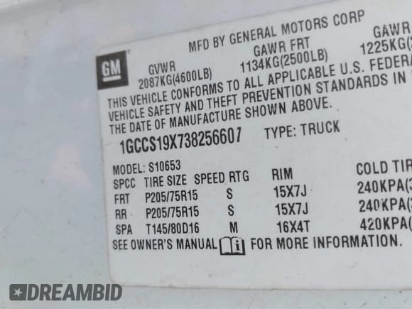 ✅ 2003 Chevrolet S-10 LS • VIN: 1GCCS19X738256607 • Лот: 41833706. Опубликован ранее на IAAI с пробегом 98 740 миль. Бесплатный доступ к архиву аукционных продаж из США и подробный отчёт об истории автомобиля на DreamBid. Изображение 9.