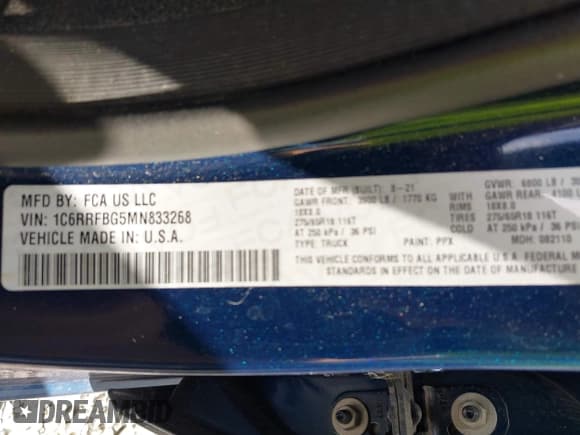 ✅ 2021 Ram 1500 Big Horn • VIN: 1C6RRFBG5MN833268 • Lot: 43103673. Listed on IAAI with 42,223 mi. Free auction sales archive from the USA and detailed vehicle history report at DreamBid. Image 9.