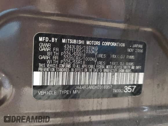 2017 Mitsubishi Outlander SE with VIN JA4AR3AW0HZ016957, listed as a Copart auction lot 86597575 with 87,520 mi miles and Salvage title. Bid and sale history available at DreamBid. Image 13.