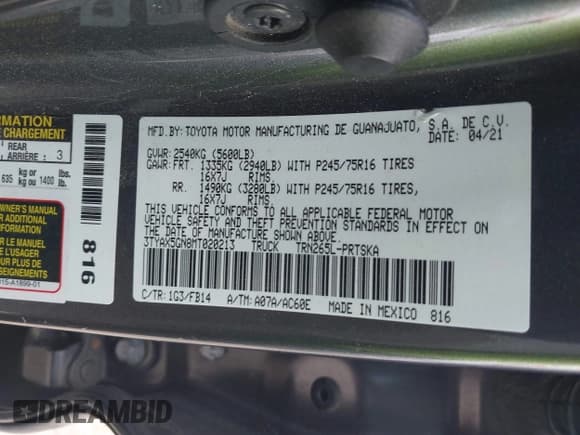 ✅ 2021 Toyota Tacoma SR • VIN: 3TYAX5GN8MT020213 • Лот: 43195780. Опубликован ранее на IAAI с пробегом 62 026 миль. Бесплатный доступ к архиву аукционных продаж из США и подробный отчёт об истории автомобиля на DreamBid. Изображение 9.