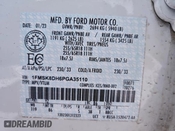 ✅ 2023 Ford Explorer XLT • VIN: 1FMSK8DH6PGA35110 • Lot: 95756225. Wystawiony na Copart z przebiegiem 141 674 mil. Bezpłatny archiwum sprzedaży aukcyjnych z USA i szczegółowy raport historii pojazdu na DreamBid. Zdjęcie 13.