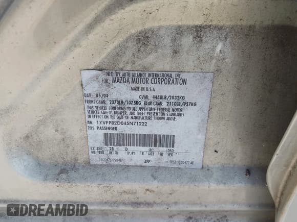 ✅ 2004 Mazda 6 s • VIN: 1YVFP82D045N71222 • Lot: 42847927. Listed on IAAI with 224,015 mi. Free auction sales archive from the USA and detailed vehicle history report at DreamBid. Image 9.