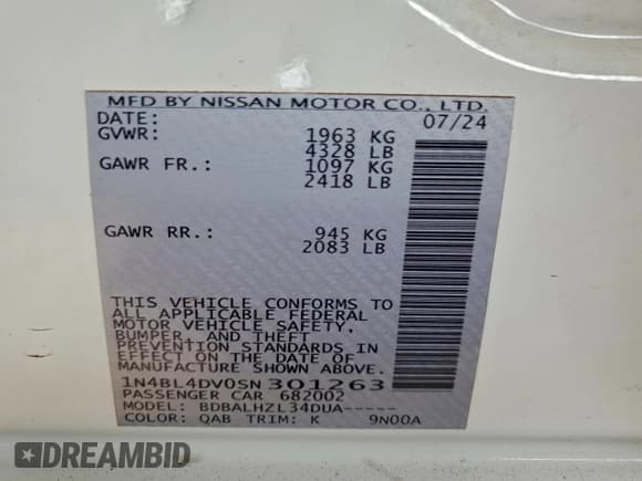 ✅ 2025 Nissan Altima SV • VIN: 1N4BL4DV0SN301263 • Lot: 93783055. Wystawiony na Copart z przebiegiem 14 638 mil. Bezpłatny archiwum sprzedaży aukcyjnych z USA i szczegółowy raport historii pojazdu na DreamBid. Zdjęcie 12.