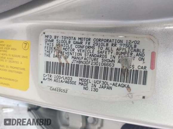 ✅ 2003 Lexus LS 430 • VIN: JTHBN30F230106663 • Lot: 43161738. Listed on IAAI with Not provided. Free auction sales archive from the USA and detailed vehicle history report at DreamBid. Image 9.