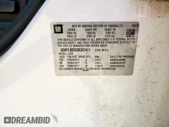 ✅ 2013 GMC Terrain SLE • VIN: 2GKFLSE3XD6367411 • Lot: 64180955. Listed on Copart with 181,081 mi. Free auction sales archive from the USA and detailed vehicle history report at DreamBid. Image 13.