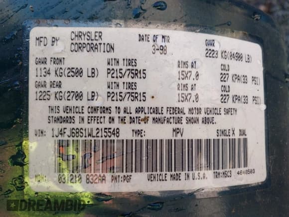 ✅ 1998 Jeep Cherokee Sport • VIN: 1J4FJ68S1WL215548 • Lot: 43104546. Listed on IAAI with 236,330 mi. Free auction sales archive from the USA and detailed vehicle history report at DreamBid. Image 9.