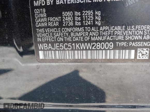 ✅ 2019 BMW 5 Series 540i • VIN: WBAJE5C51KWW28009 • Lot: 42757100. Listed on IAAI with 85,950 mi. Free auction sales archive from the USA and detailed vehicle history report at DreamBid. Image 9.