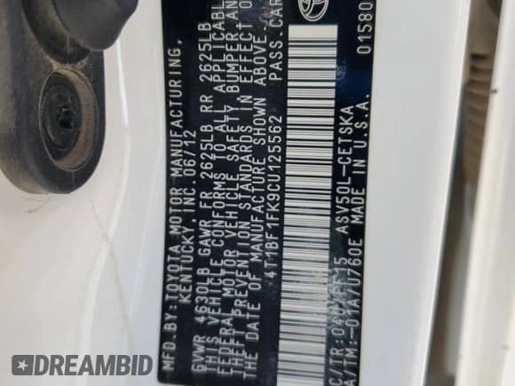 2012 Toyota Camry L с VIN 4T1BF1FK9CU125562, выставлен на аукционе Copart как лот 69662055 с пробегом 225 411 миль миль и Списание • Salvage title. История ставок и продаж доступна на DreamBid. Изображение 12.