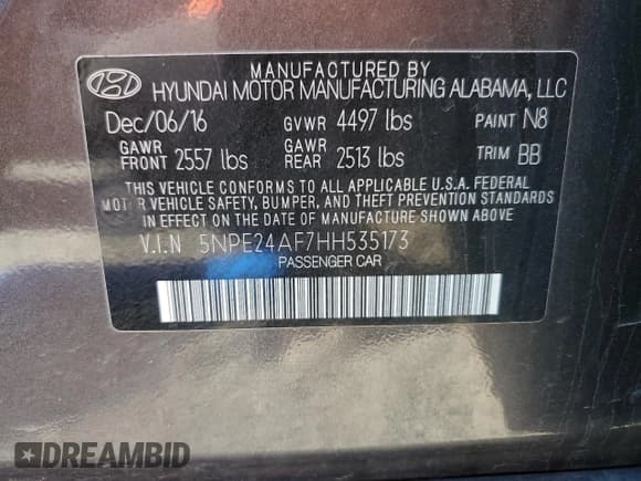 ✅ 2017 Hyundai Sonata SE • VIN: 5NPE24AF7HH535173 • Lot: 48020163. Listed on Copart with 78,059 mi. Free auction sales archive from the USA and detailed vehicle history report at DreamBid. Image 12.