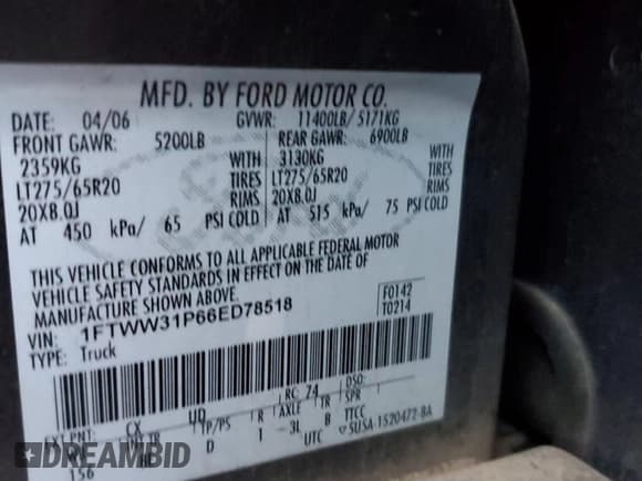 ✅ 2006 Ford F-350 XL • VIN: 1FTWW31P66ED78518 • Lot: 91434875. Wystawiony na Copart z przebiegiem 176 160 mil. Bezpłatny archiwum sprzedaży aukcyjnych z USA i szczegółowy raport historii pojazdu na DreamBid. Zdjęcie 12.
