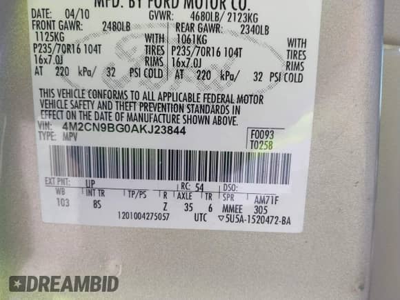 2010 Mercury Mariner с VIN 4M2CN9BG0AKJ23844, выставлен на аукционе IAAI как лот 43101157 с пробегом 196 272 миль миль и . История ставок и продаж доступна на DreamBid. Изображение 9.