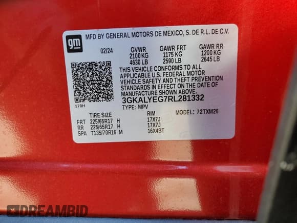 ✅ 2024 GMC Terrain AT4 • VIN: 3GKALYEG7RL281332 • Lot: 43578065. Listed on Copart with 3,559 mi. Free auction sales archive from the USA and detailed vehicle history report at DreamBid. Image 13.