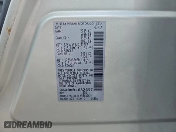 ✅ 2014 Nissan Pathfinder S • VIN: 5N1AR2MM2EC682657 • Lot: 84473925. Wystawiony na Copart z przebiegiem 121 863 mil. Bezpłatny archiwum sprzedaży aukcyjnych z USA i szczegółowy raport historii pojazdu na DreamBid. Zdjęcie 10.