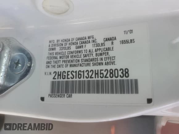 ✅ 2002 Honda Civic DX • VIN: 2HGES16132H528038 • Lot: 84050995. Listed on Copart with 92,834 mi. Free auction sales archive from the USA and detailed vehicle history report at DreamBid. Image 13.