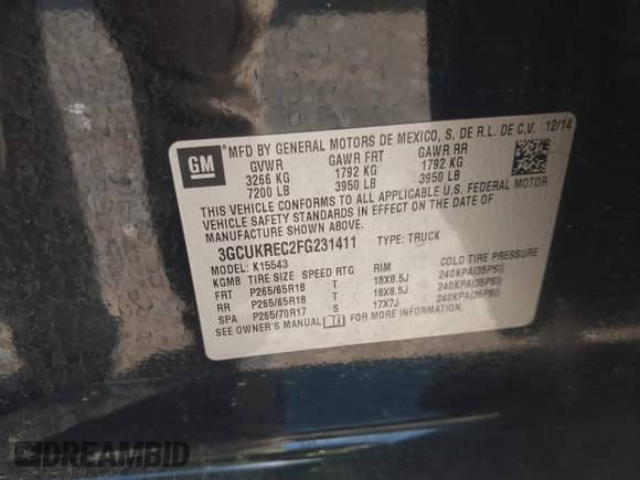 2015 Chevrolet Silverado 1500 LT с VIN 3GCUKREC2FG231411, выставлен на аукционе IAAI как лот 43308555 с пробегом 222 183 миль миль и . История ставок и продаж доступна на DreamBid. Изображение 9.