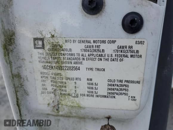 2002 Chevrolet Silverado 1500 LS z VIN 1GCEK14V32Z282564, wystawiony jako Copart lot #56330345 z przebiegiem 125 834 mil mil oraz Czysty tytuł • Clean title. Historia ofert i sprzedaży dostępna na DreamBid. Obrazek 12.