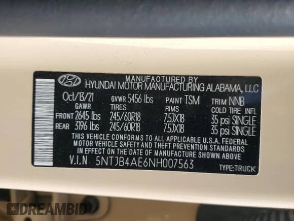 2022 Hyundai Santa Cruz SEL с VIN 5NTJB4AE6NH007563, выставлен на аукционе Copart как лот 70716154 с пробегом 18 023 миль миль и Списание • Salvage title. История ставок и продаж доступна на DreamBid. Изображение 14.