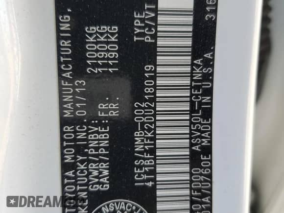 2013 Toyota Camry L с VIN 4T1BF1FK2DU218019, выставлен на аукционе Copart как лот 87274575 с пробегом 205 574 миль миль и Списание • Salvage title. История ставок и продаж доступна на DreamBid. Изображение 12.