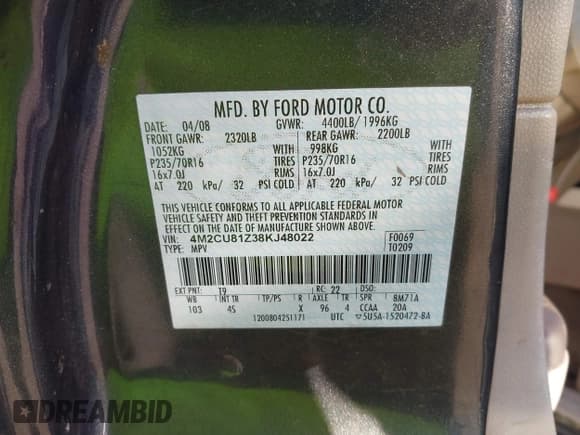 ✅ 2008 Mercury Mariner • VIN: 4M2CU81Z38KJ48022 • Lot: 43298855. Wystawiony na IAAI z przebiegiem 192 541 mil. Bezpłatny archiwum sprzedaży aukcyjnych z USA i szczegółowy raport historii pojazdu na DreamBid. Zdjęcie 9.