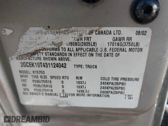 ✅ 2003 Chevrolet Silverado 1500 • VIN: 2GCEK19T431124042 • Лот: 41252015. Опубликован ранее на IAAI с пробегом 165 099 миль. Бесплатный доступ к архиву аукционных продаж из США и подробный отчёт об истории автомобиля на DreamBid. Изображение 9.