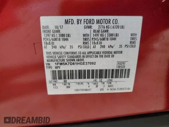 ✅ 2017 Ford Explorer XLT • VIN: 1FM5K7D81HGE37092 • Lot: 55135615. Listed on Copart with 63,124 mi. Free auction sales archive from the USA and detailed vehicle history report at DreamBid. Image 13.