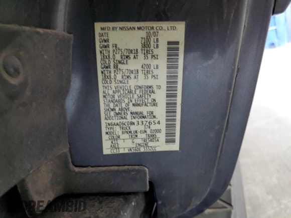 ✅ 2008 Nissan Titan XE • VIN: 1N6AA06C08N337654 • Лот: 55143665. Опубликован ранее на Copart с пробегом Не указан. Бесплатный доступ к архиву аукционных продаж из США и подробный отчёт об истории автомобиля на DreamBid. Изображение 12.