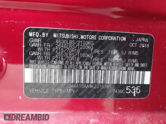 ✅ 2019 Mitsubishi Eclipse Cross ES • VIN: JA4AT3AA4KZ015761 • Лот: 43880156. Опубликован ранее на IAAI с пробегом 122 884 миль. Бесплатный доступ к архиву аукционных продаж из США и подробный отчёт об истории автомобиля на DreamBid. Изображение 9.