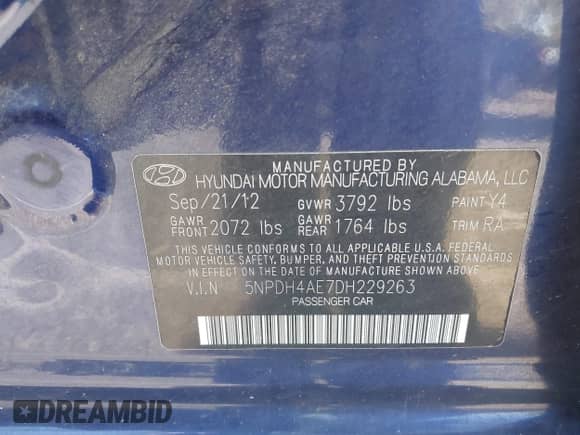 2013 Hyundai Elantra Limited with VIN 5NPDH4AE7DH229263, listed as a IAAI auction lot 43331116 with 92,839 mi miles and . Bid and sale history available at DreamBid. Image 9.