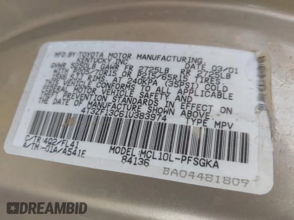 ✅ 2001 Toyota Sienna LE • VIN: 4T3ZF13C61U383974 • Lot: 42918745. Listed on IAAI with 273,722 mi. Free auction sales archive from the USA and detailed vehicle history report at DreamBid. Image 9.