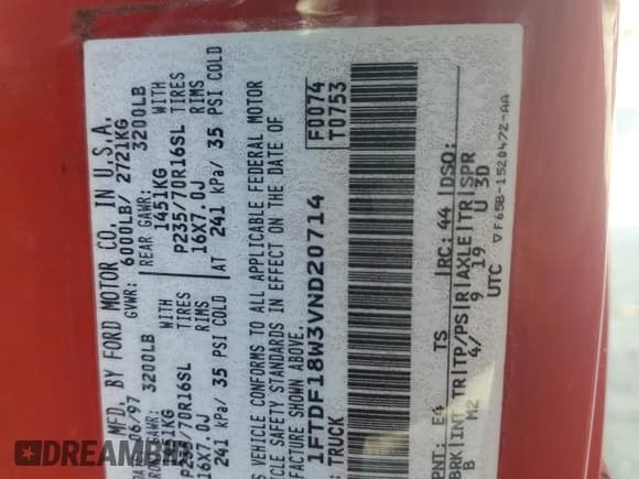 ✅ 1997 Ford F-150 • VIN: 1FTDF18W3VND20714 • Лот: 61022695. Опубликован ранее на Copart с пробегом 332 120 миль. Бесплатный доступ к архиву аукционных продаж из США и подробный отчёт об истории автомобиля на DreamBid. Изображение 12.