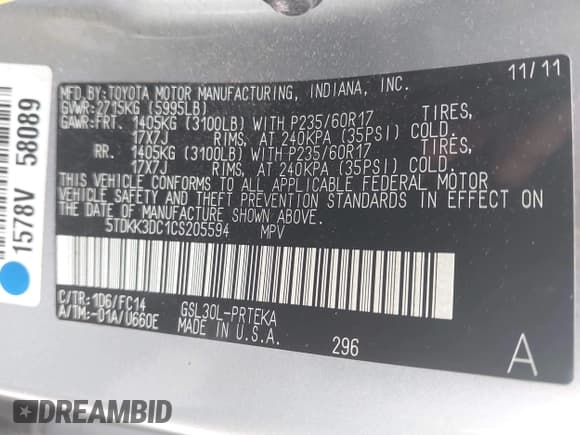 ✅ 2012 Toyota Sienna LE AAS • VIN: 5TDKK3DC1CS205594 • Lot: 42749193. Listed on IAAI with 129,363 mi. Free auction sales archive from the USA and detailed vehicle history report at DreamBid. Image 9.