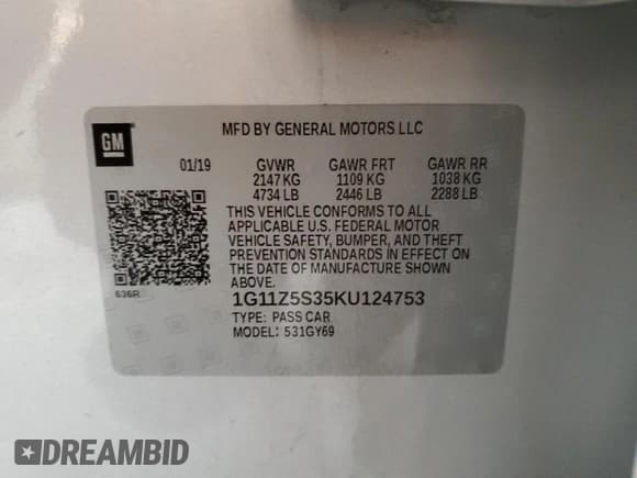 ✅ 2019 Chevrolet Impala LT • VIN: 1G11Z5S35KU124753 • Лот: 70994974. Опубликован ранее на Copart с пробегом 85 537 миль. Бесплатный доступ к архиву аукционных продаж из США и подробный отчёт об истории автомобиля на DreamBid. Изображение 14.