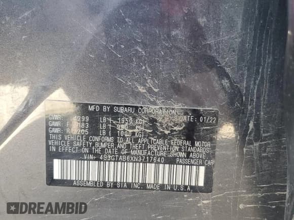 ✅ 2022 Subaru Impreza • VIN: 4S3GTAB6XN3717640 • Lot: 55866505. Listed on Copart with 47,670 mi. Free auction sales archive from the USA and detailed vehicle history report at DreamBid. Image 12.