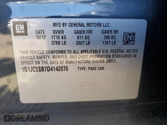 2013 Chevrolet Sonic LT с VIN 1G1JC5SB7D4142876, выставлен на аукционе Copart как лот 71410664 с пробегом Не указан миль и Списание • Salvage title. История ставок и продаж доступна на DreamBid. Изображение 15.