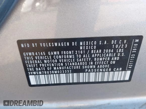 ✅ 2024 Volkswagen Jetta S • VIN: 3VW5M7BU3RM023332 • Лот: 43620373. Опубликован ранее на IAAI с пробегом 43 598 миль. Бесплатный доступ к архиву аукционных продаж из США и подробный отчёт об истории автомобиля на DreamBid. Изображение 9.