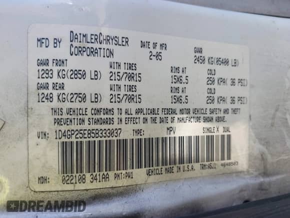 2005 Dodge Caravan SE с VIN 1D4GP25E85B333037, выставлен на аукционе IAAI как лот 43546421 с пробегом 266 965 миль миль и . История ставок и продаж доступна на DreamBid. Изображение 9.