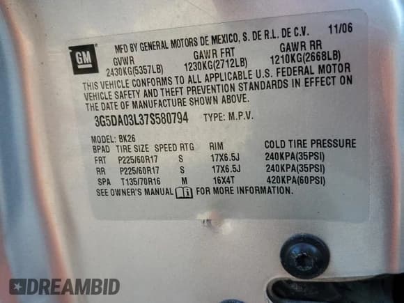 ✅ 2007 Buick Rendezvous CX • VIN: 3G5DA03L37S580794 • Lot: 92909955. Wystawiony na Copart z przebiegiem 69 484 mil. Bezpłatny archiwum sprzedaży aukcyjnych z USA i szczegółowy raport historii pojazdu na DreamBid. Zdjęcie 14.