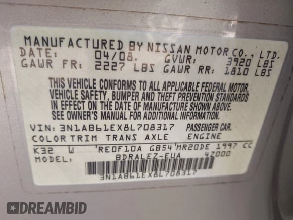 ✅ 2008 Nissan Sentra S • VIN: 3N1AB61EX8L708317 • Лот: 43724321. Опубликован ранее на IAAI с пробегом 205 259 миль. Бесплатный доступ к архиву аукционных продаж из США и подробный отчёт об истории автомобиля на DreamBid. Изображение 9.