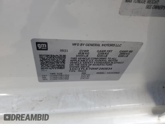 ✅ 2021 Chevrolet Silverado 2500HD Work Truck • VIN: 1GC1YLE70MF280834 • Lot: 47467895. Wystawiony na Copart z przebiegiem 48 861 mil. Bezpłatny archiwum sprzedaży aukcyjnych z USA i szczegółowy raport historii pojazdu na DreamBid. Zdjęcie 12.