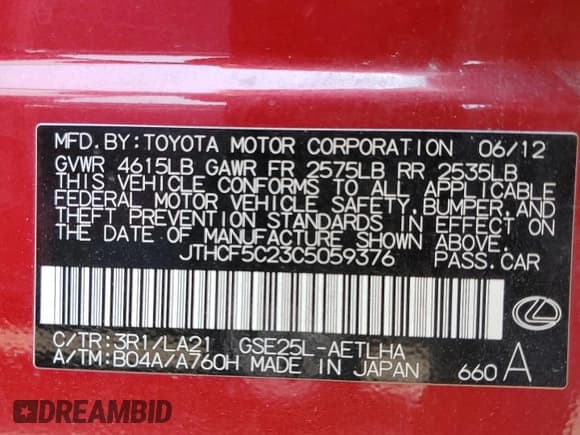 ✅ 2012 Lexus IS 250 • VIN: JTHCF5C23C5059376 • Lot: 60507205. Listed on Copart with 164,413 mi. Free auction sales archive from the USA and detailed vehicle history report at DreamBid. Image 13.