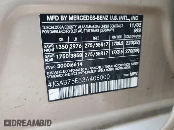 ✅ 2003 Mercedes-Benz M 500 • VIN: 4JGAB75E33A408000 • Lot: 47218385. Wystawiony na Copart z przebiegiem 192 596 mil. Bezpłatny archiwum sprzedaży aukcyjnych z USA i szczegółowy raport historii pojazdu na DreamBid. Zdjęcie 13.