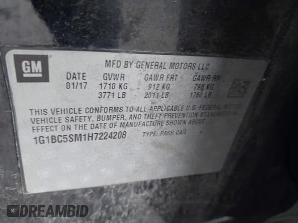 ✅ 2017 Chevrolet Cruze LS • VIN: 1G1BC5SM1H7224208 • Lot: 43832599. Listed on IAAI with Not provided. Free auction sales archive from the USA and detailed vehicle history report at DreamBid. Image 9.